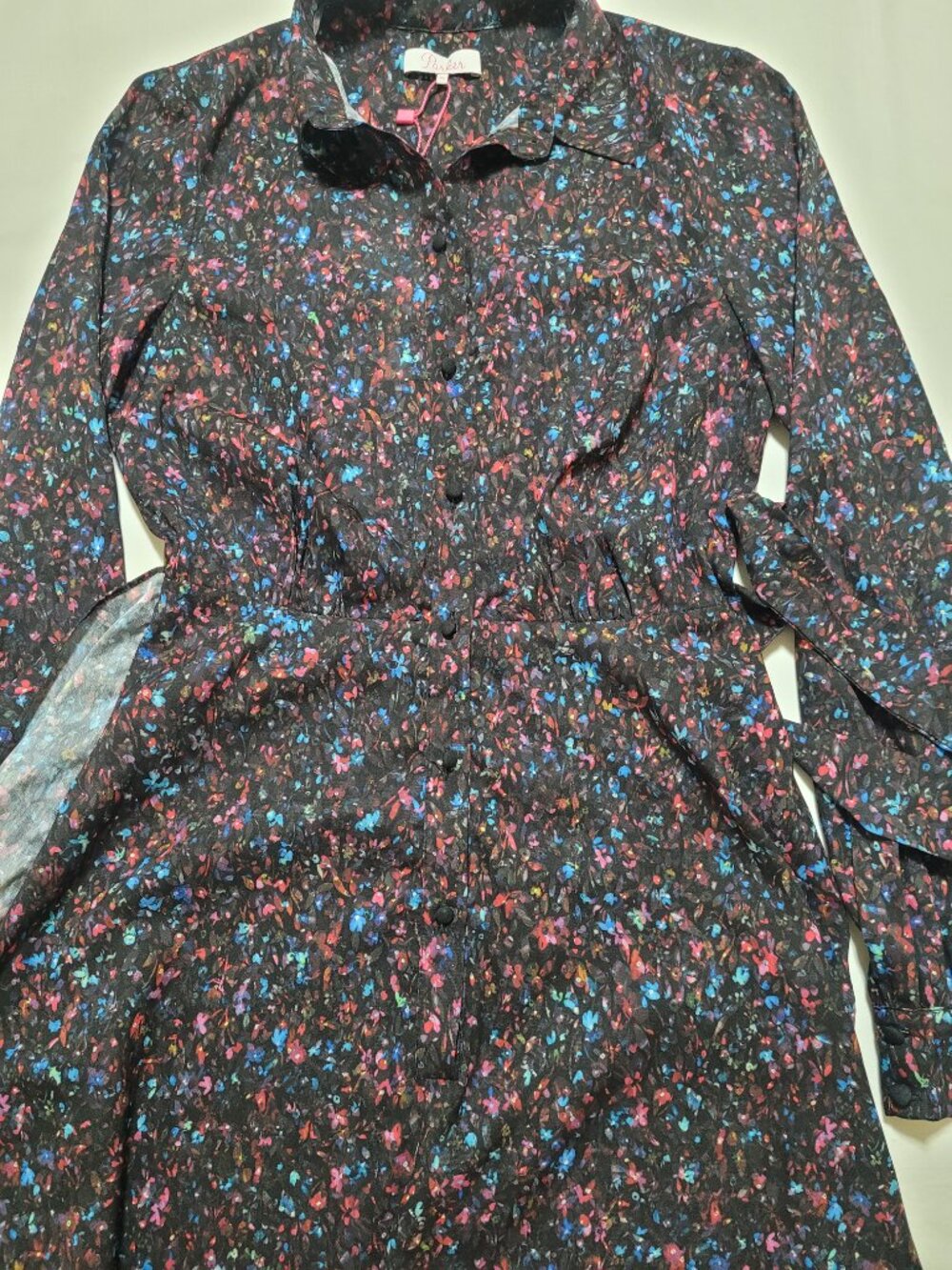 Parker Mini Ditsy Floral Long Sleeve Wrap Shirt Dress Black Multi XS Whimsigoth - Picture 4 of 10